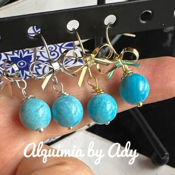 Sleeping beauty Turquoise big oversized spheres bow dangle earrings - Picture 2 of 7
